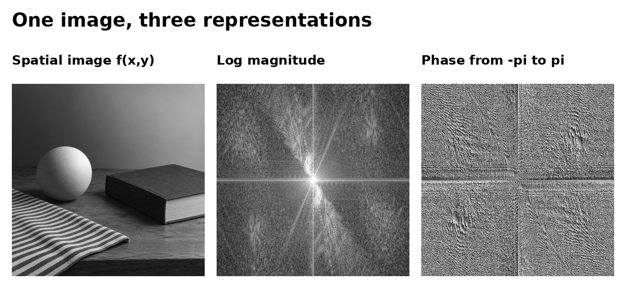 Spatial image, log-magnitude spectrum, and phase spectrum